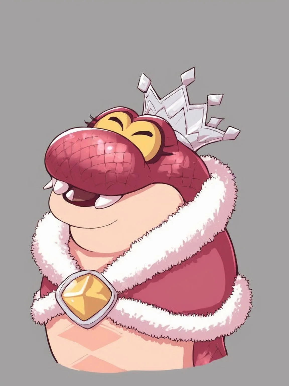 source_furry,
score_6.
score_7,
2d,
anime,
<1girl:1.5>,
<solo:1.5>,
<simple background:1.5>,
<white background:1.5>,
queen_hisstocrat, pink_snake, no humans, grey background, solo, crown, fangs, open mouth, closed eyes, simple background, pokemon (creature), fur trim, tongue, smile, 
 <lora:Queen_Hisstocrat-PonySDXL:1> queen_hisstocrat,
<lora:Pony_DetailV2.0:1>,