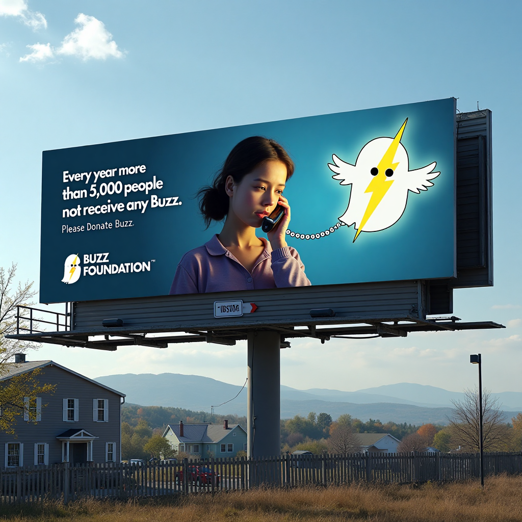 in the style of CNSTLL,
PSA Billboard: Advertisement Billboard of depressed girl on phone, with Ghost Buzz Lightning Symbol with wings flying from the phone, text "Every year more than 5,000 people do not receive any Buzz. Please Donate Buzz". The Logo Buzz Symbol with the text "Buzz Foundation" with the text "A message from:" on top of the logo, billboard from the United States