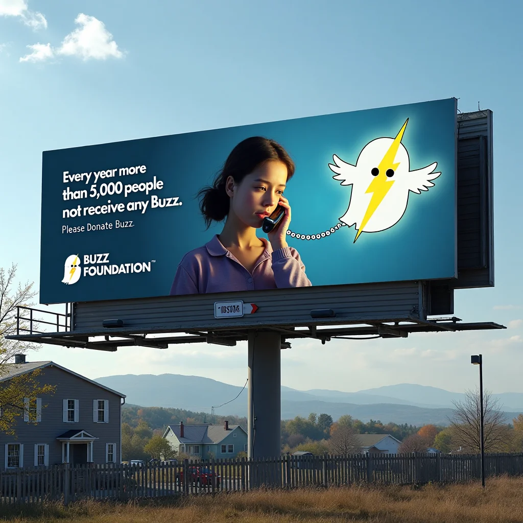 in the style of CNSTLL,
PSA Billboard: Advertisement Billboard of depressed girl on phone, with Ghost Buzz Lightning Symbol with wings flying from the phone, text "Every year more than 5,000 people do not receive any Buzz. Please Donate Buzz". The Logo Buzz Symbol with the text "Buzz Foundation" with the text "A message from:" on top of the logo, billboard from the United States