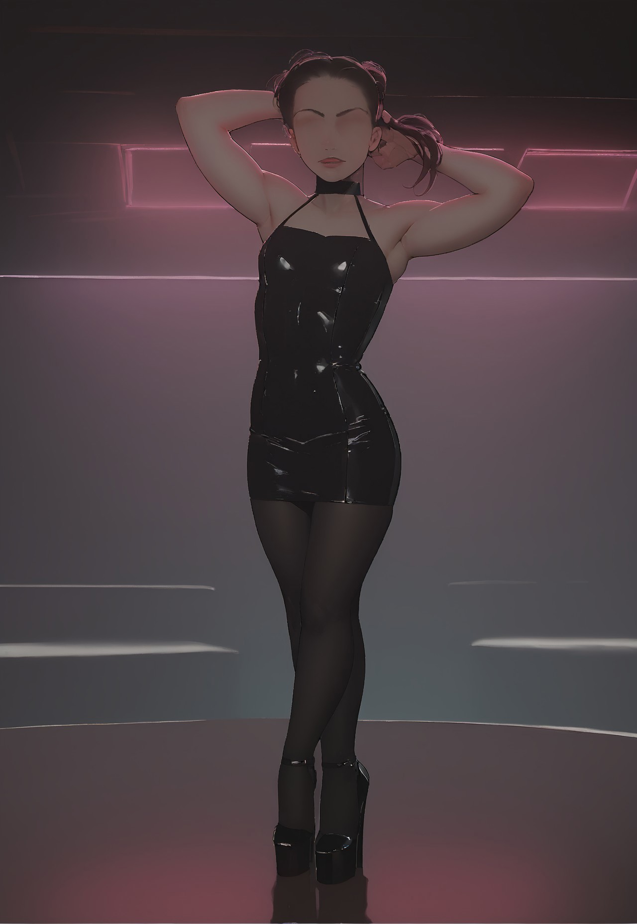 safe_pos, small breasts, tight black dress,  petite woman, large head,   semi-realistic, score_9, score_8_up, score_8, cinematic lighting, nightclub, neon lights, dancing, black tights, soft leather pumps, soft leather ballet flats, black platform high heels, eyeless, eyeless woman