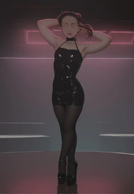 safe_pos, small breasts, tight black dress, petite woman, large head, semi-realistic, score_9, score_8_up, score_8, cinematic lighting, nightclub, neon lights, dancing, black tights, soft leather pumps, soft leather ballet flats, black platform high heels, eyeless, eyeless woman