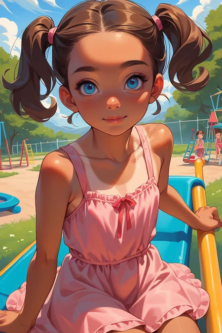 score_9,score_8_up,score_7_up,score_6_up,score_5_up,score_4_up,
1girl, solo, child, young, cute, pretty, tan lines, brown hair, blue eyes, flat chest, pigtails, looking at viewer,
playground, daycare, pink dress, sleeveless dress,