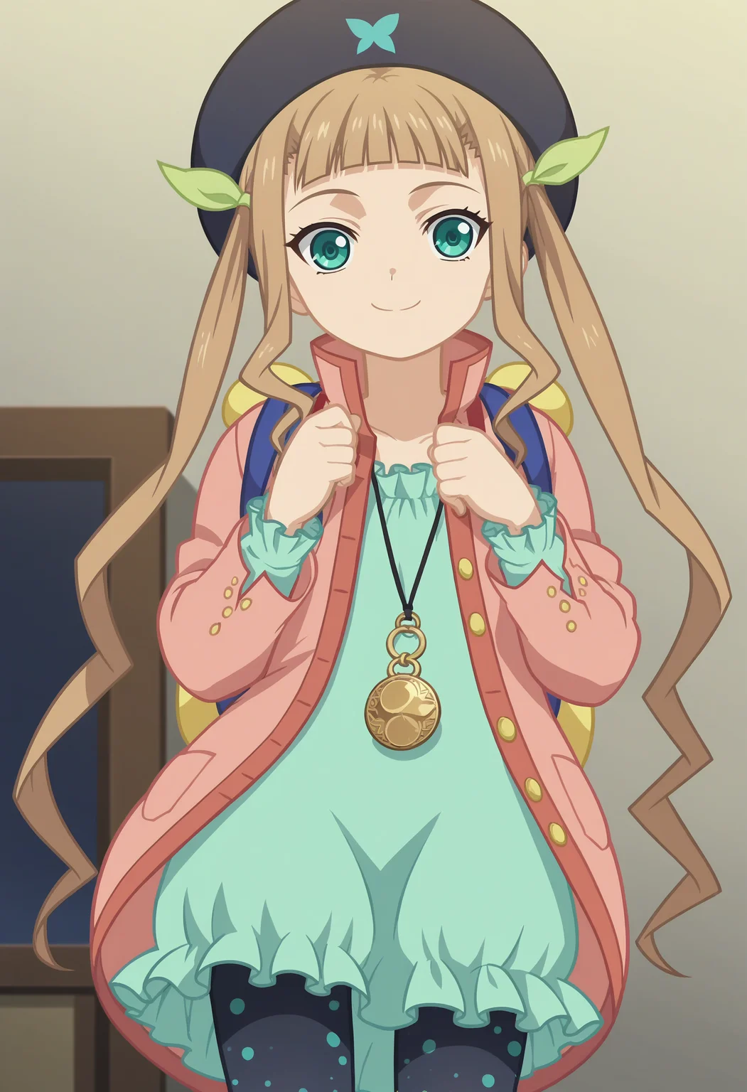 score_9, score_8_up, score_7_up, score_6_up, score_5_up, score_4_up , anime coloring ,BREAK source_anime, anime,screencap,
1girl, solo, ellemel,  hair ribbon, coat, dress, mary janes, necklace, beret, backpack, capri pants, <lora:PonyXL Elle Mel Martha V1:1>
indoors,
smile, looking at viewer,