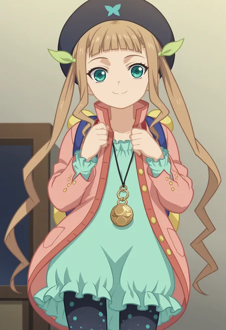 score_9, score_8_up, score_7_up, score_6_up, score_5_up, score_4_up , anime coloring ,BREAK source_anime, anime,screencap,
1girl, solo, ellemel, hair ribbon, coat, dress, mary janes, necklace, beret, backpack, capri pants, <lora:PonyXL Elle Mel Martha V1:1>
indoors,
smile, looking at viewer,