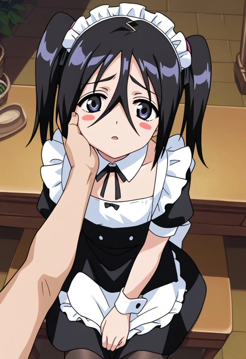 score_9, score_8_up, score_7_up, source_anime, anime screencap,
anime coloring, rating_safe, masterpiece, best quality,
(best quality, ultra detailed), good eyes, perfect eyes, detailed eyes,detailed face,
1girl, solo, ((short petite)),  (flat chest), <lora:Ururu_Tsumugiya:0.7>Tsumugiya Ururu, black eyes, black hair, blush stickers, hair between eyes, twintails, embarrassed, very shy, looking at viewer,
BREAK
(apron, black dress, black ribbon, blending, choker, detached collar,
dress, frilled apron, frilled choker, frills, headless, maid, maid apron,
maid headdress, puffy short sleeves, puffy sleeves, ribbon, short
sleeves, white apron, wrist cuffs, black knee high stockings),
BREAK
cowboy shot, from above, (sitting on the chair, legs together, indoor, house, small room), ((at night,1boy, pov, pov hand, pinching another person's cheek)).