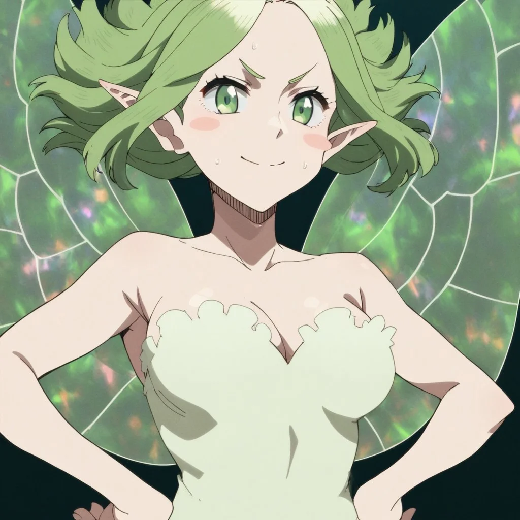 Score_9, Score_8_up, Score_7_up, Score_6_up, BREAK anime, 2d, Sylph, hands on hips, breasts, fairy, pointed ears, upper body, wings, looking at viewer, clothed, white and green dress, clothed, green eyes, green hair.