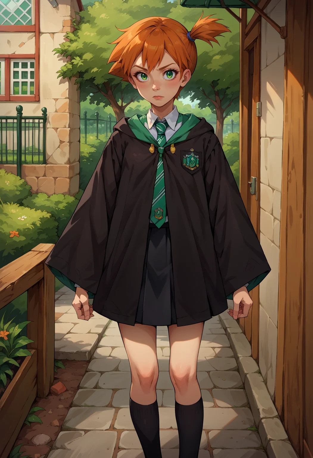 score_9, score_8_up,score_7_up, source_anime, 1girl, solo, <lora:EPpkMisty:1.0>, EPpkMisty, orange hair, short hair, side ponytail, green eyes, <lora:EPRobeSlytherinPDXL:1>, EPRobeSlytherin, wearing EPRobeSlytherin, black robe, hood down, wide sleeves, green necktie, diagonal-striped necktie, white shirt, collared shirt, badge, black skirt, black legwear, kneehighs, standing, outdoors,