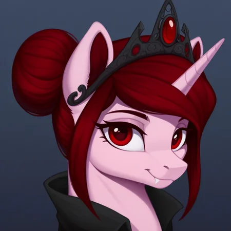 masterpiece, score_9, score_8_up, score_7_up, (best quality:1.1), ultra-detailed, high resolution, 1character, solo, Rosa Maledicta, (Queen of Blood), unicorn, feral, female, mare, (((beautiful detailed red eyes))), long eyelashes, eyebrows, fluffy pony ears, horn, pale pink skin, closed mouth, looking at the viewer, smile, fang, dark red mane, hair bun, black cloak, black tiara, jewelry, highly Visible,sharp focus, perfect lighting, shadow, anatomically correct, extremely detailed, high detail, portrait, expressiveh, simple black background