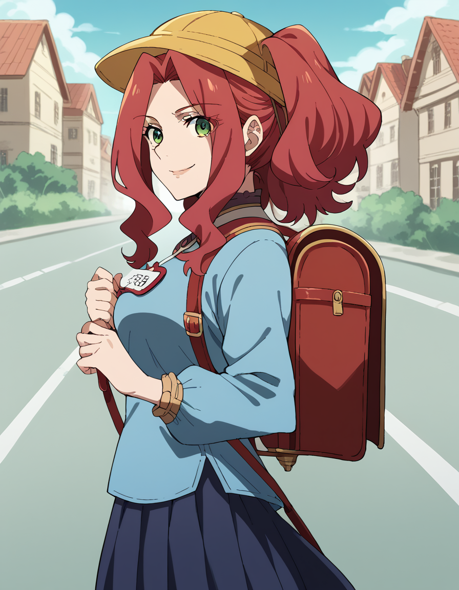 score_9, score_8_up, score_7_up, source_anime, <lora:malty-melromarc-s1s2s3-ponyxl-lora-nochekaiser:1>, malty melromarc, long hair, green eyes, red hair, parted bangs, ponytail, medium breasts,, <lora:kindergarten-uniform-ponyxl-lora-nochekaiser:1> kindergarten uniform, school hat, yellow hat, randoseru, backpack, red bag, blue shirt, name tag, skirt, pleated skirt,, smile, street, houses, road, from side, looking at viewer, holding strap, cowboy shot,