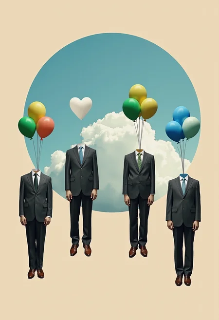 hyacinthcollage,
a digitally created collage. The image features four human figures, each dressed in formal attire, including suits and ties, floating in mid-air against a backdrop of a large, circular cloud up and down in different size and distance.
The figures are headless, with their torsos and limbs intact, giving a surreal and abstract feel to the composition. Each figure holds a cluster of three balloons in varying shades of blue and green, with one figure holding a single balloon.
The background consists of a muted, beige color with a large, circular sky photo occupying the center, providing a sense of depth and dimension. The cloud is rendered in a soft, pastel blue, contrasting with the neutral tones of the figures and the beige background.
The overall style is whimsical and surreal, blending elements of surrealism and collage art. The textures are smooth and clean, with a focus on the contrast between the formal attire and the surreal, floating figures.
above the poster, it writes "hyacinth collage" in the center.