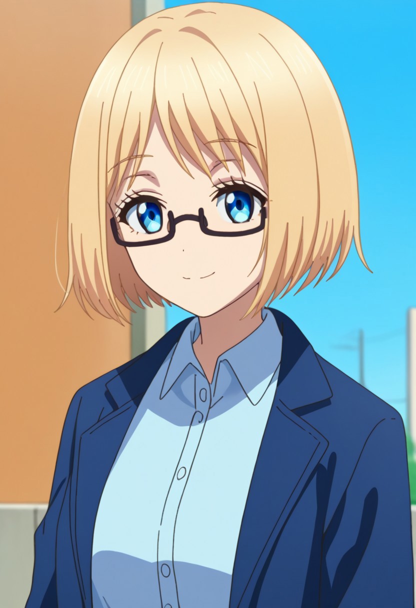 score_9, score_7_up, source_anime
ChisatoMizusawa, 1girl, solo, blue eyes, glasses, blonde hair, short hair, shirt, collared shirt, jacket, smile
outdoor,