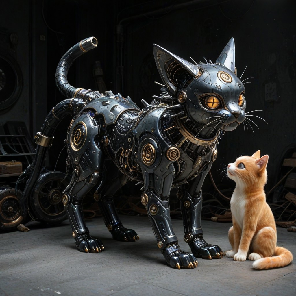 ,(cat:1.2), masterpiece, best quality, newest, absurdres, highres, safe,,
,,  qu4ntum
., 
Combining mechanical sophistication with artistic rebellion, transforming mundane objects into quantum wonders