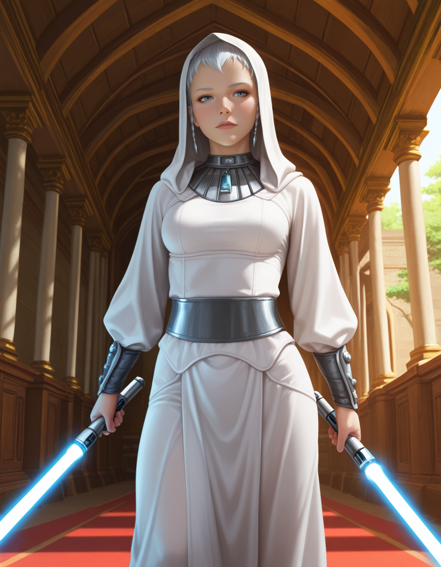Masterpiece, high-res, 2k, best quality, 2.5d, realistic, 1 girl, Brianna handmaiden <lora:Brianna_Handmaiden_Illus-000034:1> holding a blue lightsaber, in a temple
