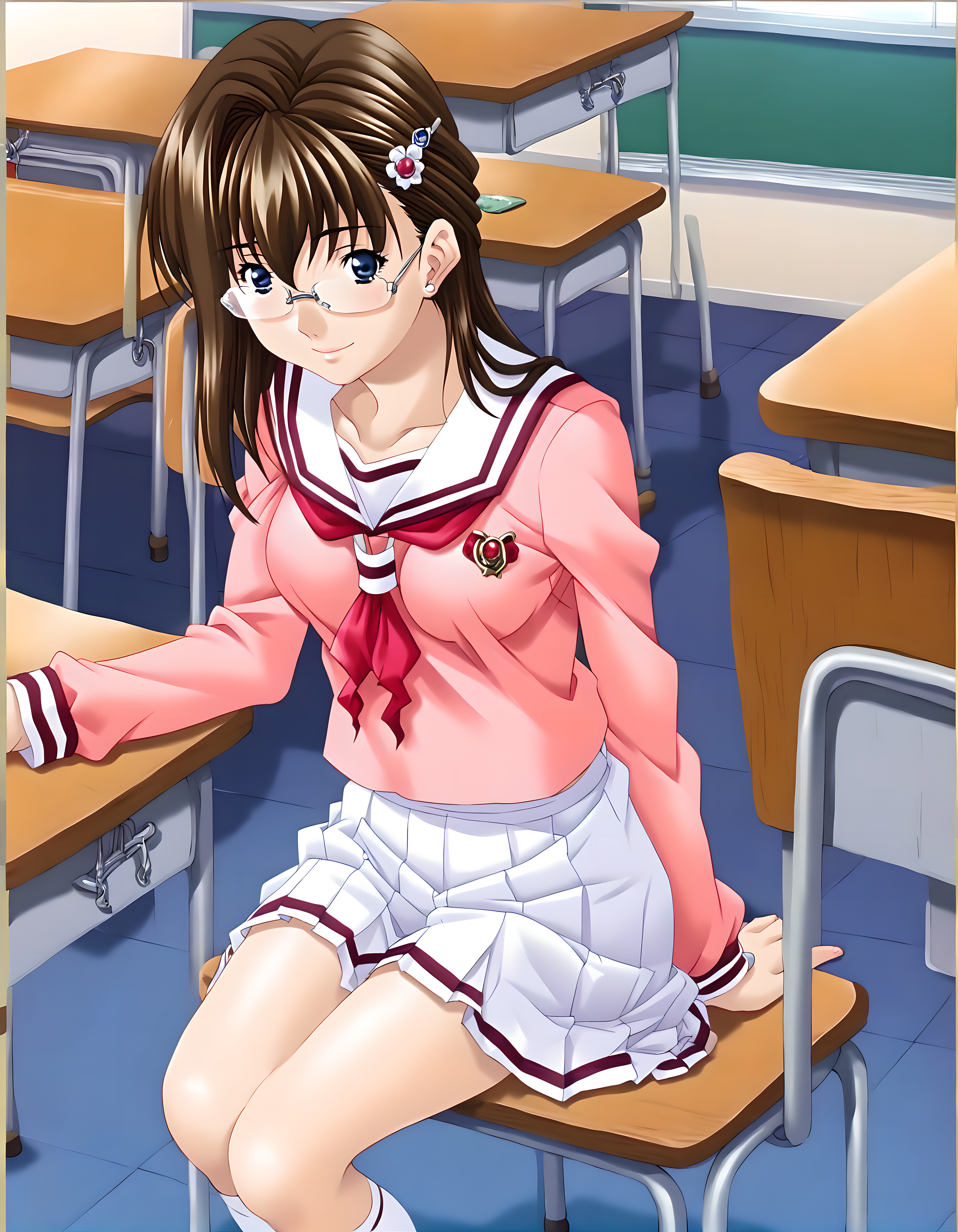 <lora:pony_xl_sayuri:0.9>,sayuri,score_9,source_anime,best quality,masterpiece,super fine illustration,1girl,solo,glasses,hair ornament,school uniform,pink clothes,serafuku,white skirt,pleated_skirt,socks,uwabaki,school,classroom,chair,sitting_on_chair,looking_at_viewer,