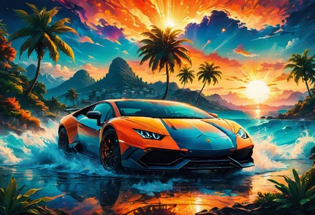 silhouette of a Lamborghini, in splash art style, amazing depth, double exposure, building, cloud, cloudy sky, dusk, evening, fire, gradient sky, lens flare, motor vehicle, mountain, no humans, ocean, orange sky, palm tree, plant, scenery, sky, sun, sunlight, sunrise, sunset, tree, twilight, water, surreal, pattern, geometric patterns, intricately detailed, perfectly balanced, deep fine edges, artistic photorealism,photorealism, vivid colors,, 8K, UHD, many details, extreme detailed, full of details, BadDream