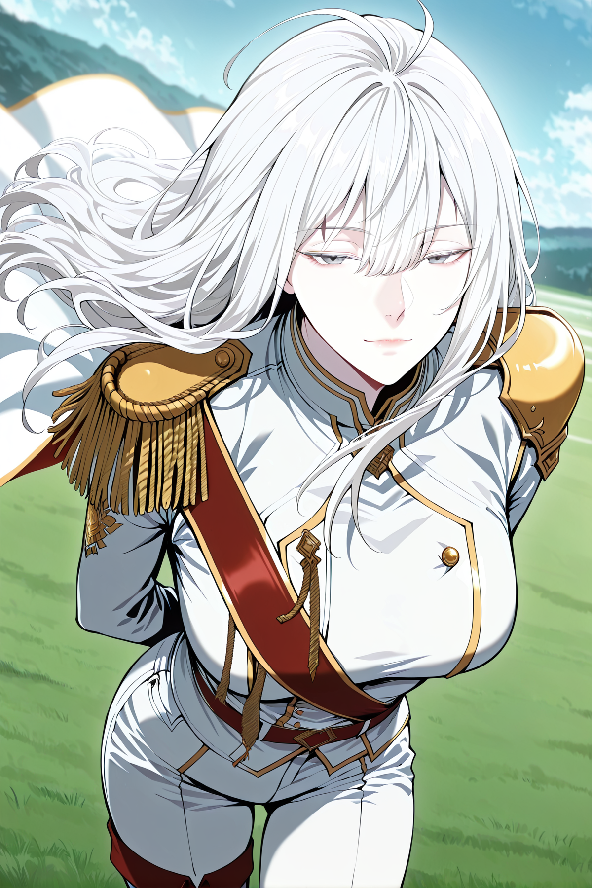 <lora:Varay_Aurae__The_Beginning_After_The_End__Illustrious:1>
1 girl, solo, grey eyes, white hair, long hair, bangs, pale skin, hair between eyes, ahoge, scar above right eye
military uniform, white cape, epaulettes, ring, jewelry, white pants, long sleeves, white thigh boots, thighhighs, high heels, belt, white jacket, red sash
score_9, score_8_up, score_7_up, very aesthetic, source_anime, detailed, high quality, beautiful, masterpiece, detailed eyes, field, blurry background, pose dynamic angle, upper body, cowboy shot, light smile, floating hair, half-closed eyes, hands behind back, leaning forward, looking forward, looking at viewer, <lora:iLLMythG0thicL1nes:1>