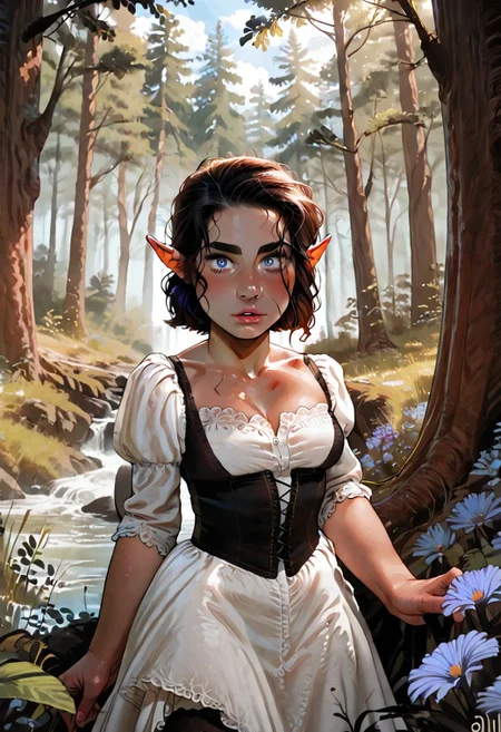 score_9, score_8_up, score_7_up, BREAK, 4LFI3V1, 1girl, alfie, blue eyes, halfling, pointy ears, shortstack, incase, realistic, photo, real hair, detailed skin, medieval fantasy, forest, highly detailed, detailed skin, depth of field, film grain