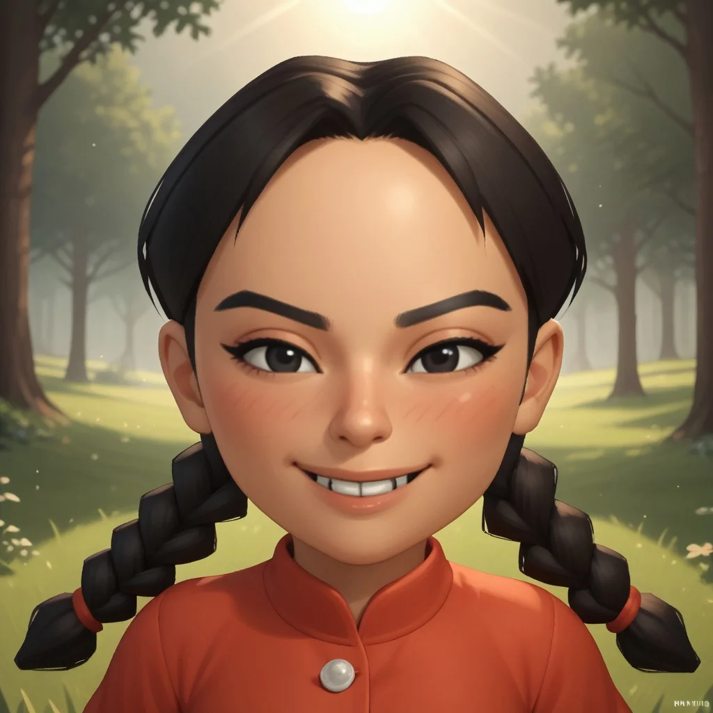 score_9, score_8, BREAK, solo, wii, mii, wii sports, 1girl, female mii, black eyes, black hair, twin braids, black eyebrows, blush, buck tooth, red clothing, black pants, shoes, nintendo mii, modern_mii, classic_mii, breasts, xiao-tong_(wii_sports), cute, sexy pose, smile, outdoors, sunlight, shadows, evening lighting, natural lighting, forest, trees, grass, orange sky, sunset
