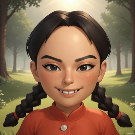 score_9, score_8, BREAK, solo, wii, mii, wii sports, 1girl, female mii, black eyes, black hair, twin braids, black eyebrows, blush, buck tooth, red clothing, black pants, shoes, nintendo mii, modern_mii, classic_mii, breasts, xiao-tong_(wii_sports), cute, sexy pose, smile, outdoors, sunlight, shadows, evening lighting, natural lighting, forest, trees, grass, orange sky, sunset