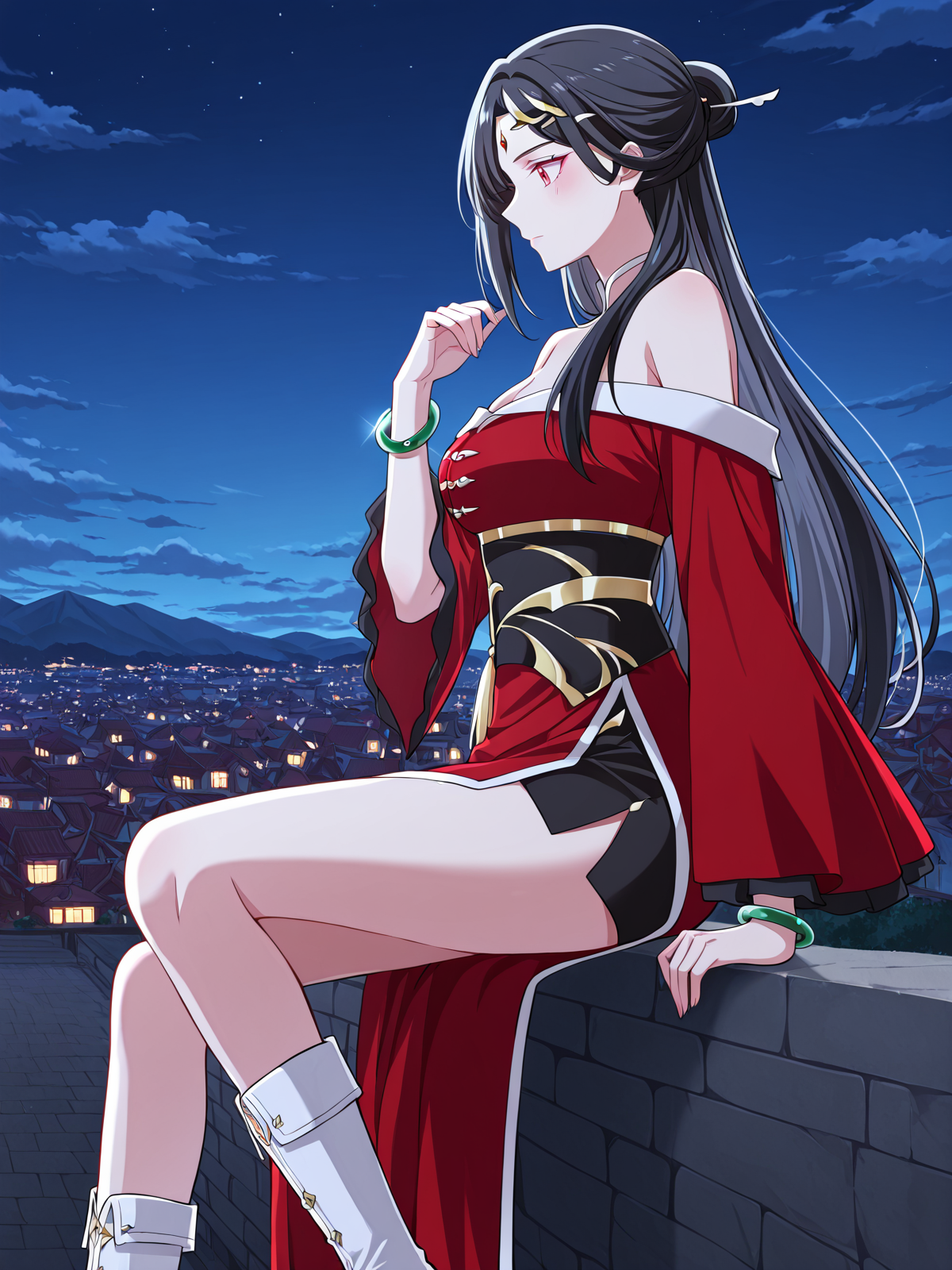 <lora:Martial_Peak__Xue_Yue:1>
1 girl, solo, long hair, black hair, side braid, hair ornament, red eyes, forehead jewel, hairpin, forehead jewel, 
chinese dress, red off shoulder dress, long sleeves, black and gold obi, wide sleeves, open side slit, layered skirt, white thigh-high inner layer, bare shoulders, white boots, jade bangle
score_9, score_8_up, score_7_up, score_6_up, source_anime, masterpiece, best quality, absurdres, highres, newest, anime coloring <break>  1girl, solo, sitting, on wall, from side, town, night sky, cloud