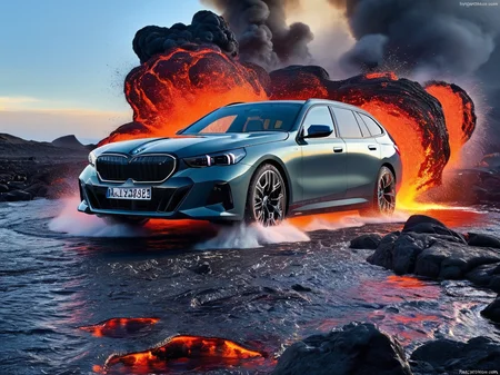 <lora:i5 touring:0.75>,
BMW i5 touring,
A Futuristic car in a lava pool,lava,lava Splash,smoke,melting,splashes,explosion,exploding,hyperdetailed,, masterpiece, best quality,