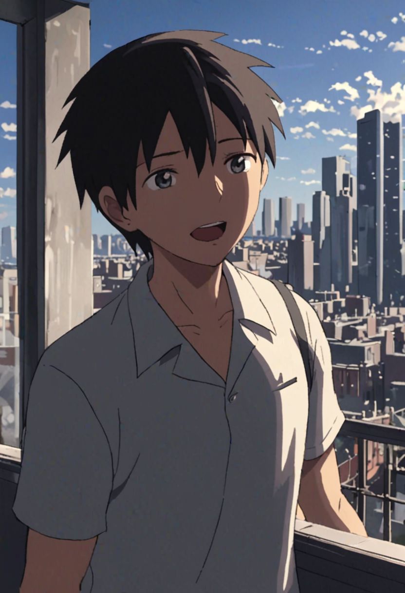 Highres, Masterpiece, High Quality, 4K, 8K, solo, 1Boy, Takaki Toono, adult, black hair, short hair, high-rise rooftops, city view, wide sky, strong wind, portrait, enthusiastic, excited, standing, dramatic, window, balcony, building, easynegative, detailed_eye_model