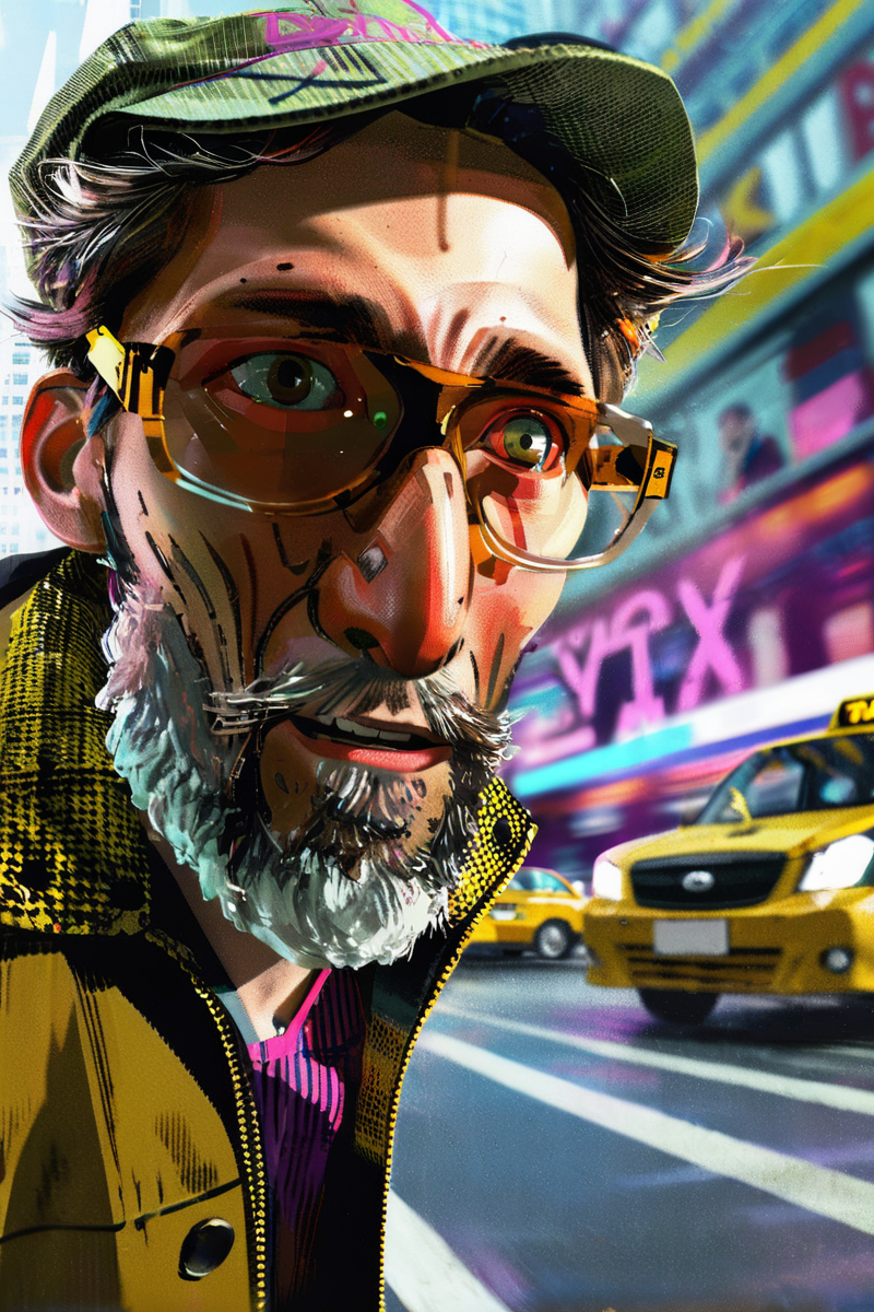 running bearded man in glasses by AlbertoMielgo  <lora:<lora:AlbertoMielgo_style2_SDXL:0.8> , taxi on background