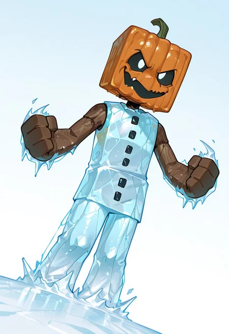 masterpiece, best quality, amazing quality, very aesthetic, absurdres, newest, detailed background, foreground blur, 
snowglm, no humans, white body,  solo, standing, cube head, cube body, stick hands, brown arms, 
pumpkin head, sharp mouth, big mouth, square eyes, empty eyes, no pupils, black sclera, black mouth, orange head,
cartoon, pose, eyes dynamic angle, ice powers, Frostbite, evil smile, angry eyes,