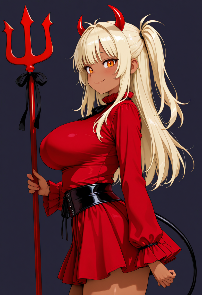 masterpiece,best quality,amazing quality, very aesthetic, ((outlined outlined vector graphics)), cute face, (glow eyes:0.5) ,  from side,  looking at viewer ,simple background,
1girl,
20yo, large breast, orange eyes, (blonde hair:1.3),long hair, (two side up:1.1), (dark skin:1.2), dark skin girl, (tall:1.2), ,bangs
,solo,cute face,
smile ,  red trident, red trident devil,red-trident-devil,red-devil-costume, skirt , red dress , ,horns, devil, red clothes, clothed, <lora:red-trident-devil-il-01:0.7>
