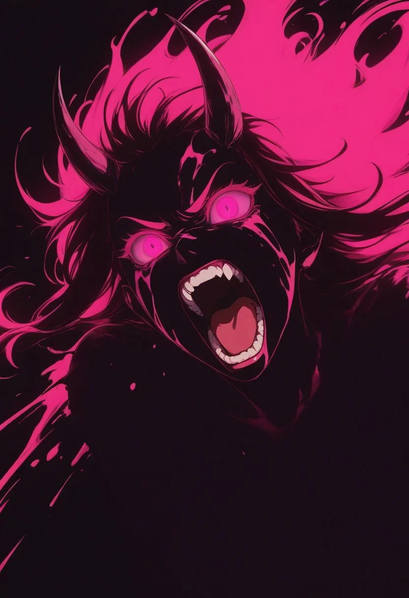 1girl, demon girl, angry, screaming, glowing eyes, horns, black and pink palette, ink style, high contrast, expressive, minimal background
masterpiece, best quality, very awa, absurdres