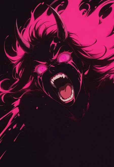 1girl, demon girl, angry, screaming, glowing eyes, horns, black and pink palette, ink style, high contrast, expressive, minimal background
masterpiece, best quality, very awa, absurdres
