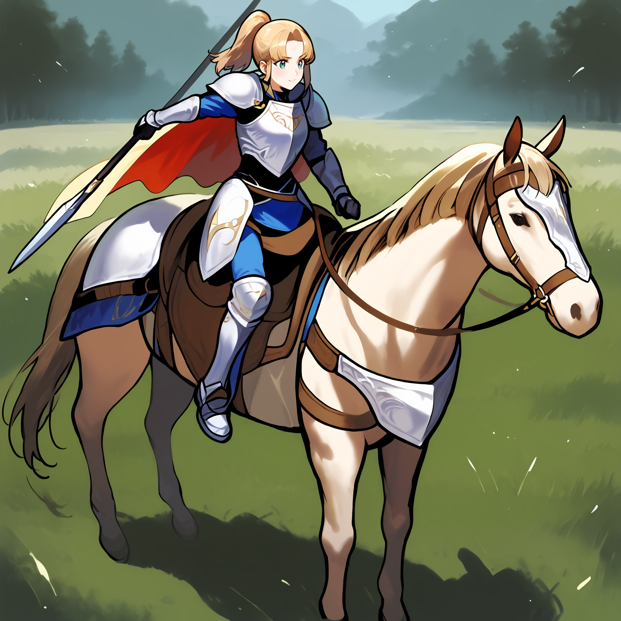 score_9,score_8_up,score_7_up,best quality,masterpiece,super detailed,extreme detailed,full_body,zPDXL BREAK (nature:1.1),(field:1.1),
<lora:Pony_DetailV2.0:1> BREAK 1girl,Cavalier,armor,cape,gloves,horse,horseback riding,holding spear,<lora:Cavalier-v2-pony:0.9>,
