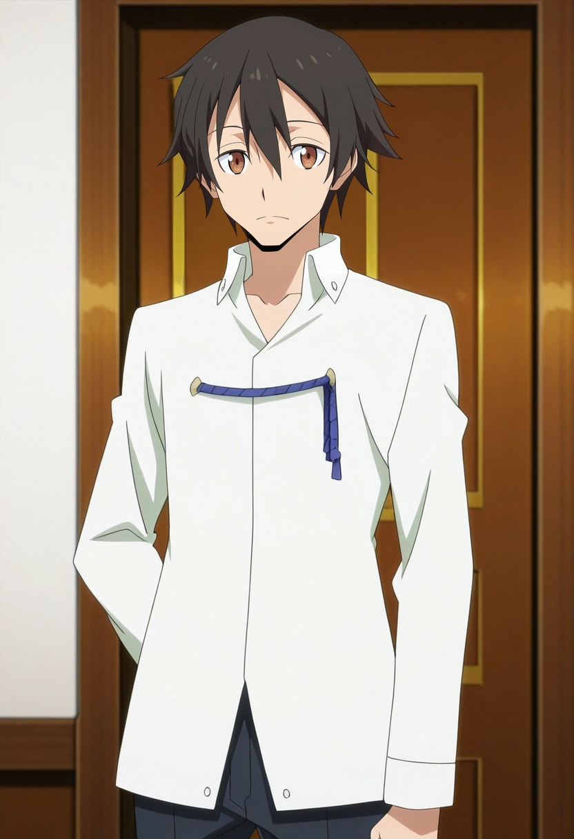 masterpiece, best quality, anime screencap, official style, anime coloring, cowboy shot, 1boy, solo, male focus, <lora:yuuki_kagurazaka_ilxl:0.94>, yuuki_kagurazaka, black hair, brown eyes, short hair, hair between eyes, , ,