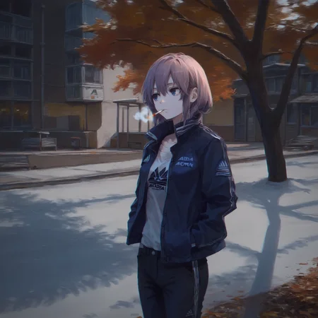score_9, score_8_up, score_7_up, source_anime, (animeirl), jacket, pants, adidas,1girl, young female, cigarette, thinking, outdoors, autumn,solo, <lora:Animeirl v3 GLoRA PDXL Anzhc:1.1>,<lora:lowlight:0.7>, hands in pockets,