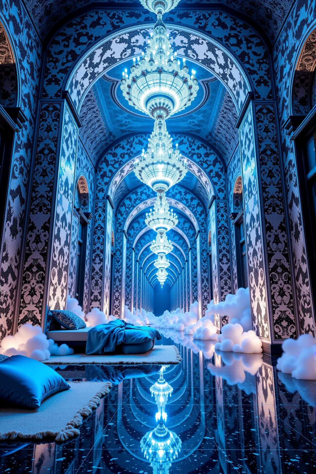 <lora:Ornamental_Patterns:0.6> OrnamentalPatterns style.
Every surface, every clothes and every wall is completely covered with clearly visible, vector-like,  black on white fine damask pattern, contrasting sharply with the underlaying color. 
Luminous Crystal Hall of Reflection. A resplendent hall crafted entirely from iridescent crystal stretches into infinity, its vaulted ceilings adorned with shimmering, mirrored mosaics. Every surface glistens with refracted light, casting prismatic reflections across the polished marble floor. Delicate chandeliers, composed of thousands of sparkling gems, hang from the arching ceilings, illuminating the space with a cool celestial glow. Plush, silken cushions rest upon intricately woven rugs, inviting visitors into this dreamlike sanctuary. The entire atmosphere is ethereal, blending high-fantasy and futuristic opulence in a scene reminiscent of an enchanted palace in a mythical realm.