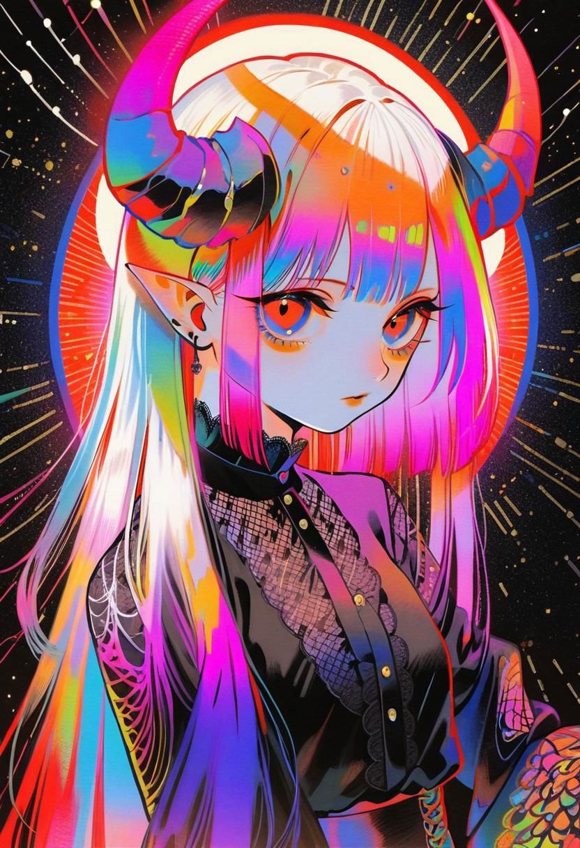 by tsubonari
 pale demon girl , prismatic coloring, holographic vibe, chromatic black lace blouse, gothic background, (long straight horns:1.2)