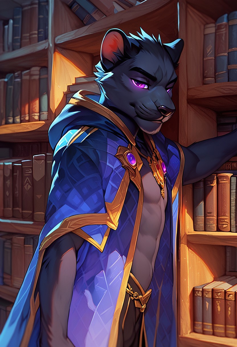 score_9, score_8_up, score_7_up, ultra quality, detailed texture, ((Solo)), furry, feline, panther, black fur, violet eyes, magical, (robes), slim, male, masculine, fantasy, library, slight glowing eyes, side angle, portrait, face focused, intense eyes,