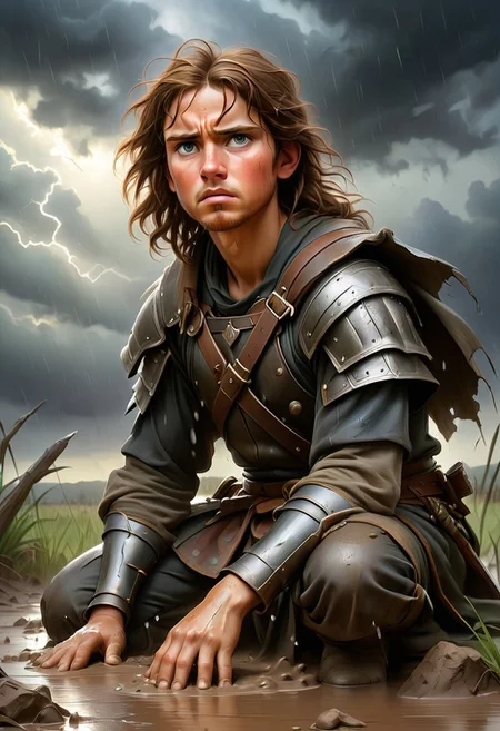 Jed-Pen,
A warrior kneels in the mud, soaked by relentless rain, gripping a shattered sword. Their expression is a mixture of exhaustion, grief, and unyielding determination, as distant thunder echoes through the battlefield.
ethereal romantic portrait, glowing cinematic lighting, expressive textured brushstrokes, soft luminous figures, deep jewel-toned color palette, dramatic swirling skies, Pre-Raphaelite elegance meets impressionistic energy, mystical storytelling, vast dreamlike landscapes, poetic and contemplative mood