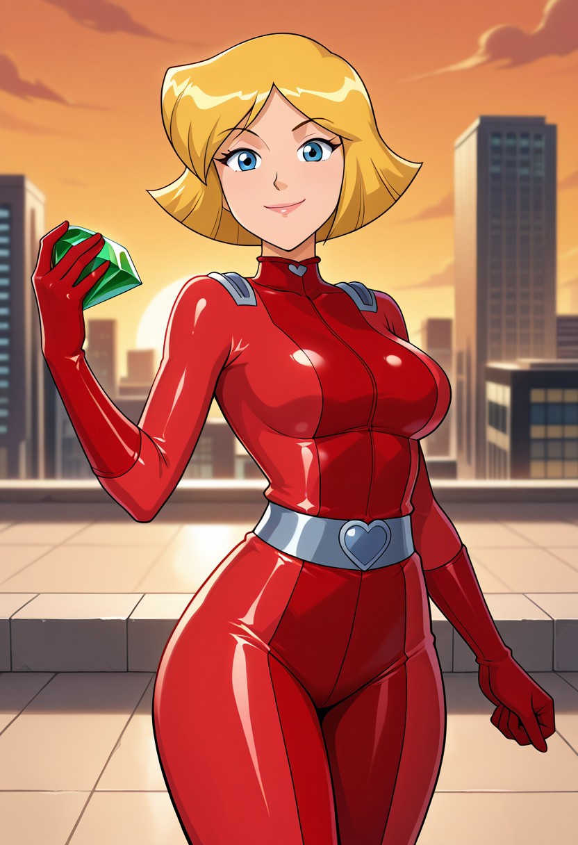 masterpiece, best quality, good quality, 1girl, solo, parody, official style, clover_totally_spies, short hair, blonde hair, blue eyes, red bodysuit, sexy, large breasts, beautiful, detailed, high detailed, very beautiful, detailed face, detailed eyes, detailed hand, smile, looking at viewer, wide hips, standing, red chaos emerald, holding, gem, holding gem, city, rooftop, sunset