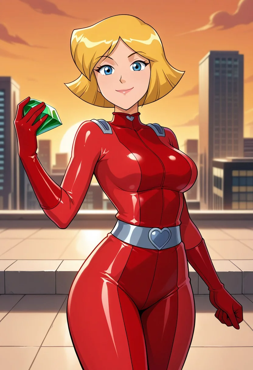 masterpiece, best quality, good quality, 1girl, solo, parody, official style, clover_totally_spies, short hair, blonde hair, blue eyes, red bodysuit, sexy, large breasts, beautiful, detailed, high detailed, very beautiful, detailed face, detailed eyes, detailed hand, smile, looking at viewer, wide hips, standing, red chaos emerald, holding, gem, holding gem, city, rooftop, sunset