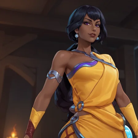 <lora:nilahlol_pony_v1:.8> nilah, 1girl, very dark skin, dark-skinned female, earrings, jewelry, black hair, purple eyes, dress, lips, armlet, nail polish, fingerless gloves, bare shoulders