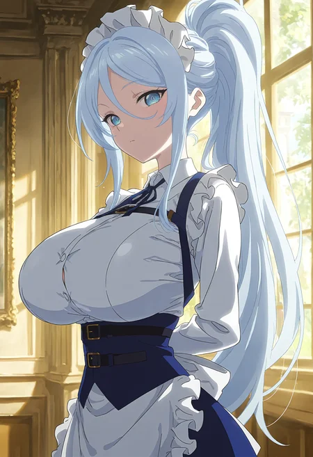 masterpiece, best quality, amazing quality, very aesthetic, absurdres, newest, scenery, 1girl, solo, huge breasts, <lora:Sylpha illustxl:0.9> long hair, blue eyes, hair between eyes, light blue hair, high ponytail, sidelocks, maid headdress, neck ribbon, blue ribbon, white shirt, collared shirt, long sleeves, (frills:1.1), frilled apron, waist apron, white apron, belt, blue dress, frilled skirt, mansion, indoors, standing, upper body, looking at viewer, shiny skin, anime screenshot, masterpiece, best quality, amazing quality, very aesthetic, absurdres, newest, scenery, volumetric lighting