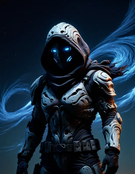 portrait, solo, (full body:0.6), looking up, detailed background, detailed face, warp, scifi, excessive energy, ulblackholetech theme:1.1), dark shadow-assassin, hidden truth, corruptor outfit, hood, colorful armour, ral-cnvctncrnts belt, dark ral-cnvctncrnts intent, creeping shadows, dynamic pose, specters in background, starry night sky, wind blowing, eerie calm, ominous atmosphere <lora:ral-cnvctncrnts:0.7> ral-cnvctncrnts