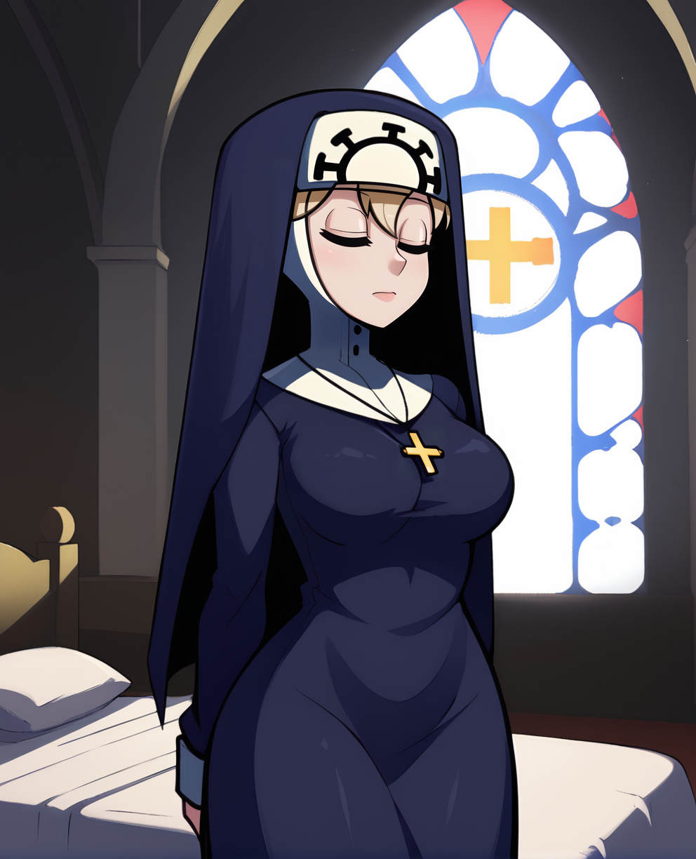 Double,closed eyes,
standing,arms behind back,
blue habit,cross necklace,long sleeves,nun,
church,morning,
<lora:Double:0.8>,