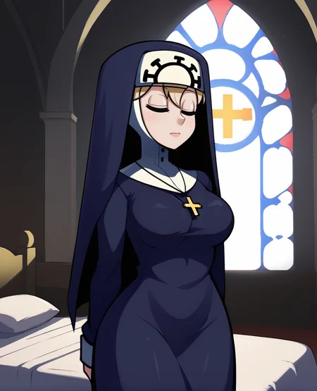 Double,closed eyes,
standing,arms behind back,
blue habit,cross necklace,long sleeves,nun,
church,morning,
<lora:Double:0.8>,