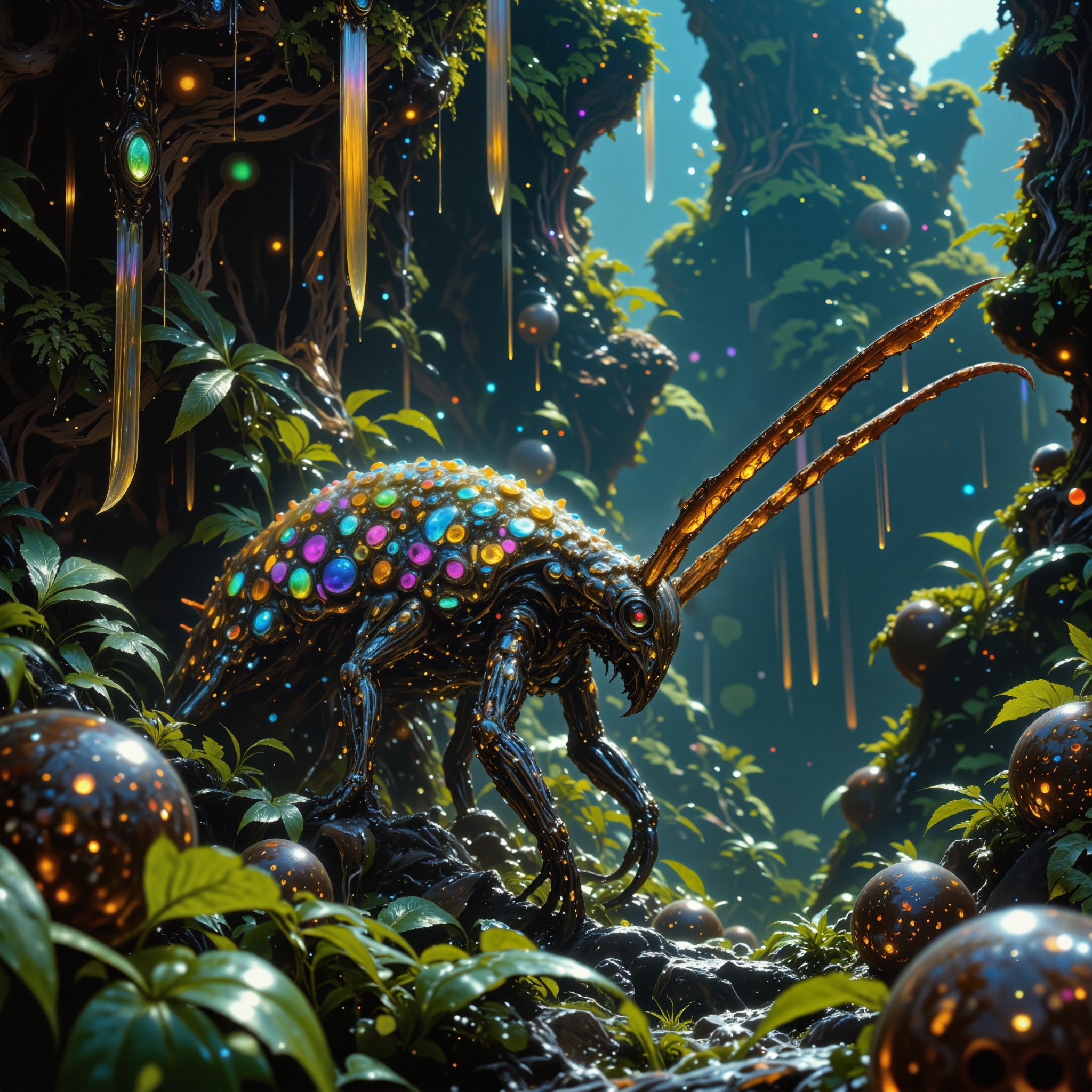 strange and otherworldly scenery on a distant planet, very aesthetic,gorgeous, beautiful, extremely detailed background, masterwork, perfect proportions, golden ratio, extremely detailed, award-winning macro photo, short depth of field, hyper realistic, ultra high definition,  bioluminescence, subsurface scattering, the little "spiny shleemnobbler" is a bioluminescent glowing curious and prodigious creature  that dwells in the verdant canopies and clankspinnered rofflegobler of the exotic alien world "blundermoor i", where they harvest underflipted spores and floating particles for sustenance, dappled sunlight, chiaroscuro, iridescent green and teal and rainbow-colored, aidmafluxproultra, <lora:flux_pro_ultra-extreme_detailer-v0.1-flux-by_aidma:0.44> in the style of ck-ovf,  <lora:epic_gorgeous_details-balance-flux-by_flyway:0.8> <lora:style-oneviolentfantasy-ep21-flux-by_chronoknight:0.84>
