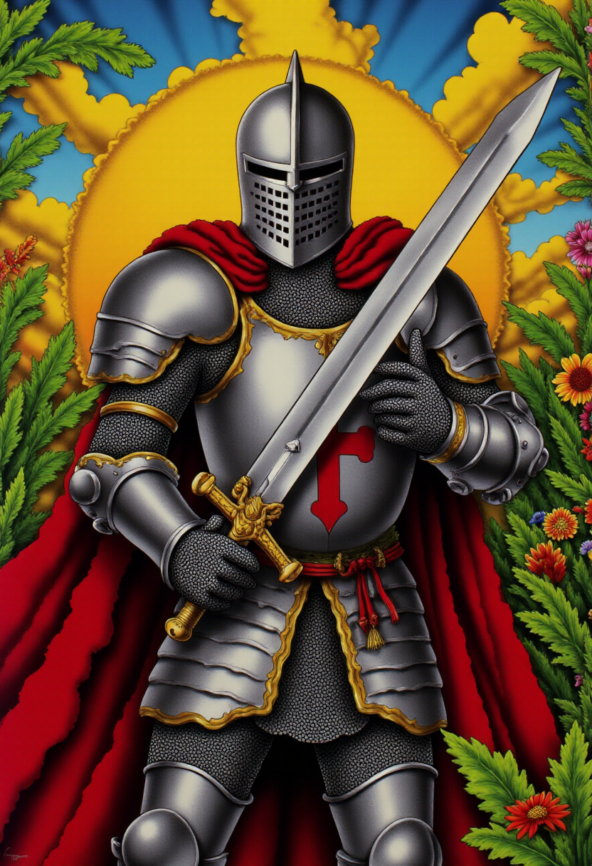 <lora:kft-montys-submarine-style:0.9>
The image is a vibrant, highly detailed kftcc style digital artwork featuring     a knight in full armor wielding a large sword