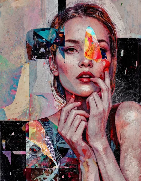 Art by Eli Minaya. A digital illustration shoot from below about an abstract Woman portrait, Serendipity, Sonorous, Ineffable, Quixotic, Resplendent, Petrichor, Ephemeral, Luminous, layered symbolic density, enchanting, impressive, captivating, mesmerising.
