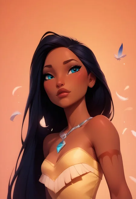 score_9, score_8_up, score_8, medium breasts, (curvy), eyelashes,     
BREAK,
PocahontasXLP
BREAK,
 dark skin, long hair, necklace, strapless, dress, feathers
zPDXL,