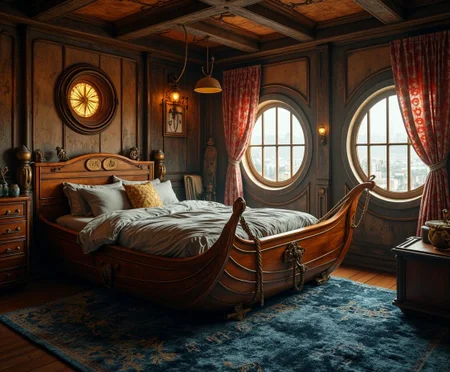 <lora:pixa_atyle-000001.safetensors:1> pixa style,champions,cute
In the heart of a bustling city, a room stands as a sanctuary of whimsy and adventure, transformed into a cinematic realm where the past and the future merge. A grand wooden ship bed, its timbers polished to a lustrous sheen, serves as the centerpiece. The bedframe is intricately crafted with nautical elements—anchors and ropes woven into the design, each detail rendered with a metallic finish of gold and bronze. The textured wood, marked by the passage of time, is balanced against the smooth, polished surfaces, creating a harmony of organic and mechanical.
Soft, diffused lighting filters through the room, casting a subtle haze that enhances the depth and dimension. The sail-like curtains, in a rich red and white pattern, flutter gently, adding a sense of movement and maritime charm. The floor is adorned with a plush, desaturated blue rug, its fibers catching the light in a way that suggests the gentle ripple of the ocean.
The room’s color palette is warm and inviting, with dusty browns and muted greys that ground the space. High-contrast, luminous details, such as the glowing compass on the wall and the softly lit portholes, draw the eye and add a touch of mystery. The overall mood is both nostalgic and futuristic, a place where dreams of the high seas and the wonders of tomorrow coexist in perfect harmony.